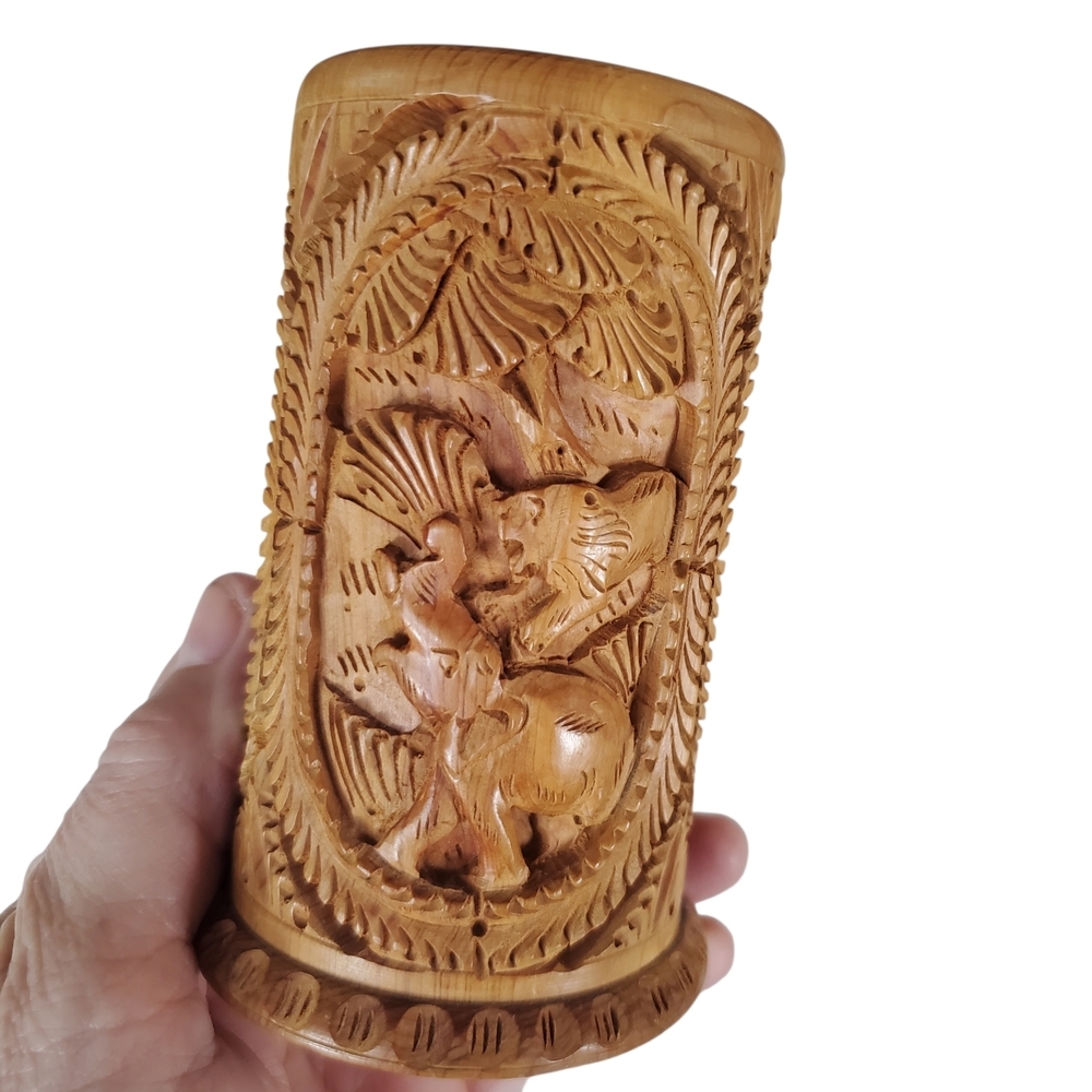 Vintage Hand-Carved Wooden Pen Holder - African Wildlife & Jungle Scene